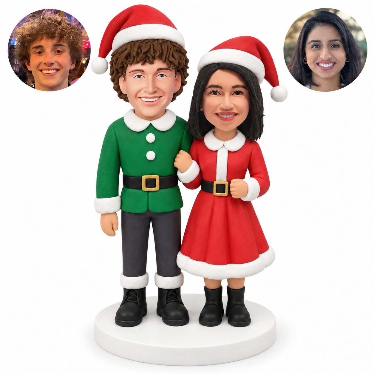 custom bobblehead figures Christmas couple with linked arm and bent front hand; original own-site sculpted clay heads and their own matching human portraits.