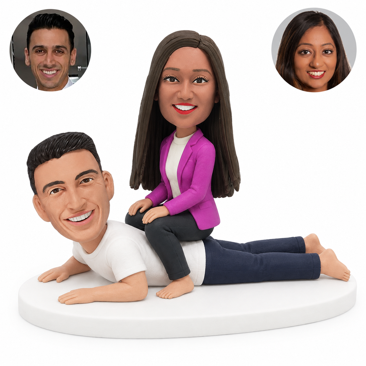 custom bobblehead figures playful fully clothed couple with woman sitting on prone man back; original Bobblefigurine polymer clay heads with matching circular human portraits.