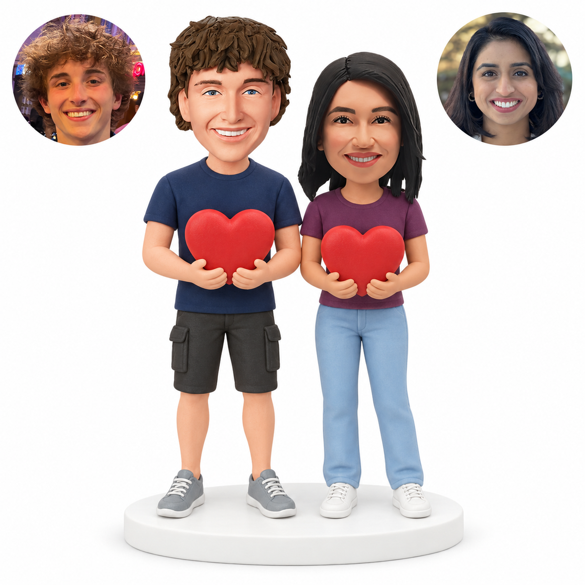 custom bobblehead figures couple each holding a separate red heart; original Bobblefigurine polymer clay heads and matching separate circular human portraits.
