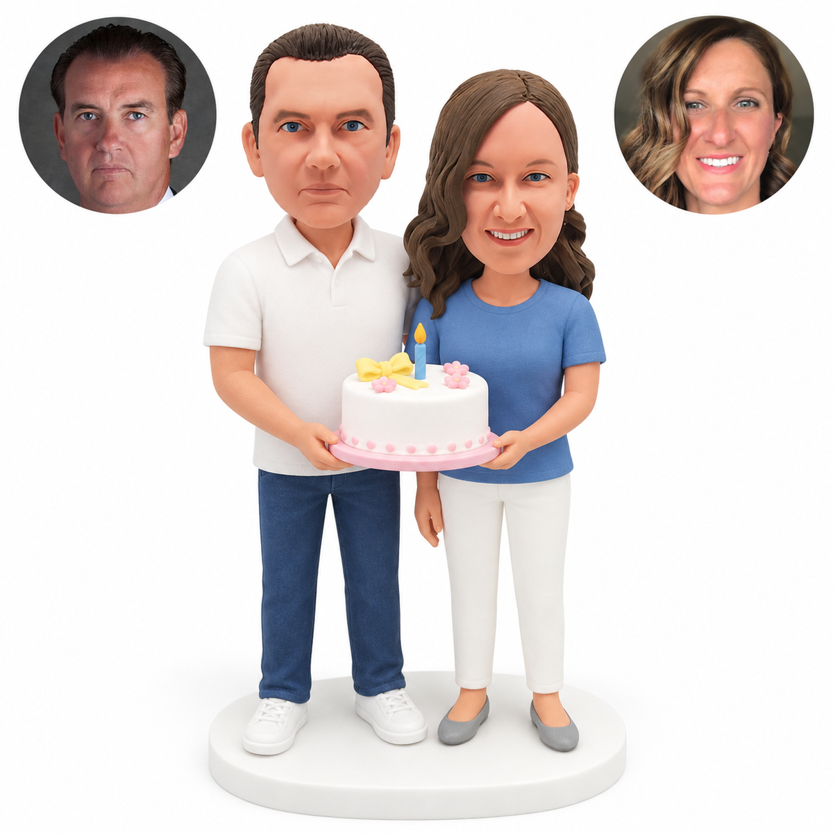 custom bobblehead figures couple holding one birthday cake together; original Bobblefigurine polymer clay heads and matching separate circular human portraits.