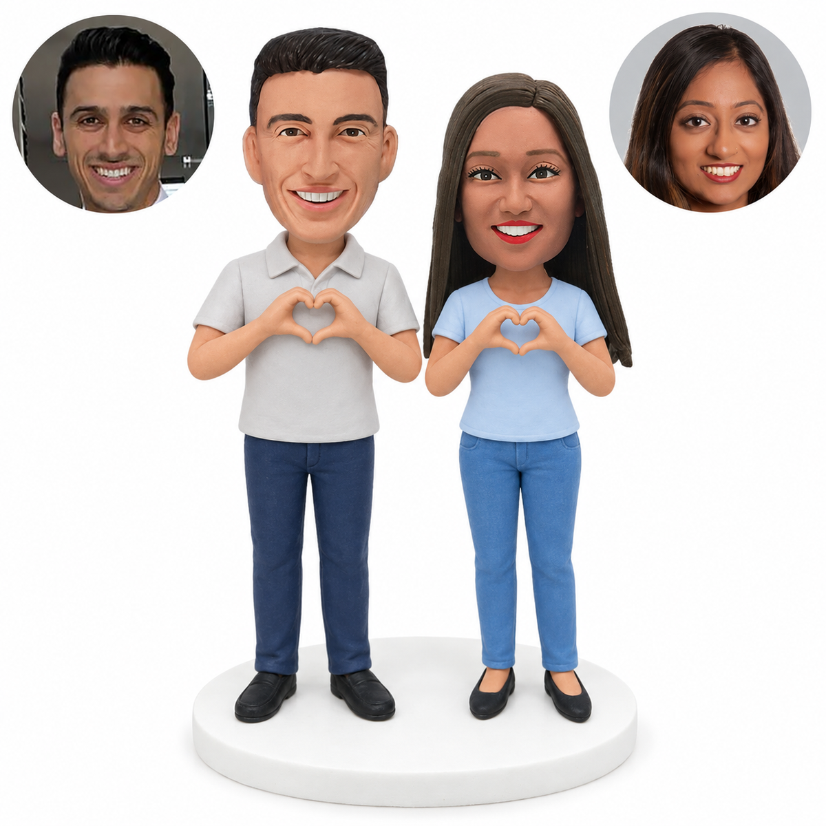 custom bobblehead figures couple each making a heart with both hands; original Bobblefigurine polymer clay heads and matching separate circular human portraits.