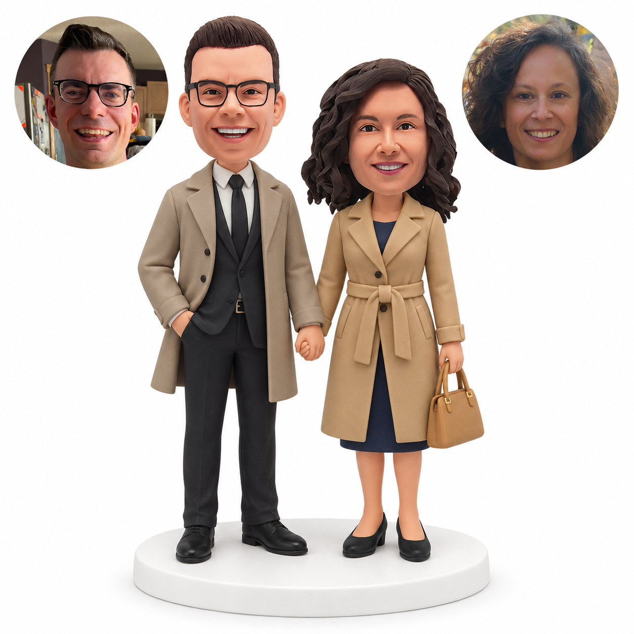 custom bobblehead figures coat couple holding hands with woman carrying handbag; original Bobblefigurine polymer clay heads and matching separate circular human portraits.