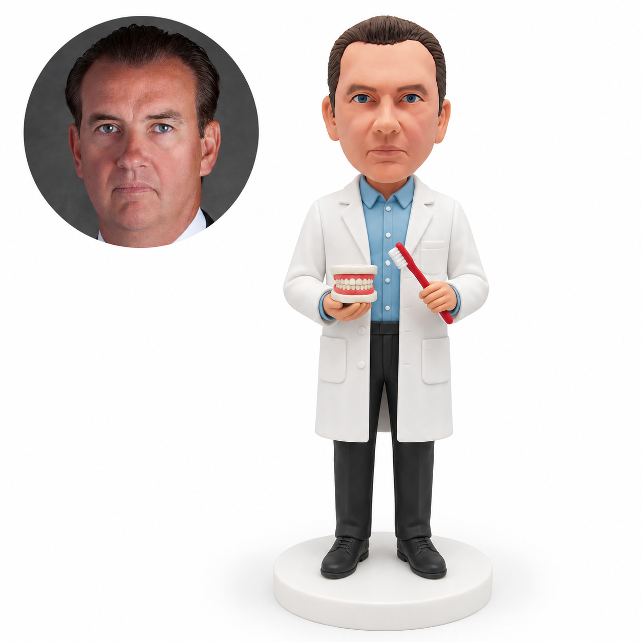 custom bobblehead figure male dentist holding toothbrush and model teeth; original Bobblefigurine polymer clay head and corresponding circular real portrait.