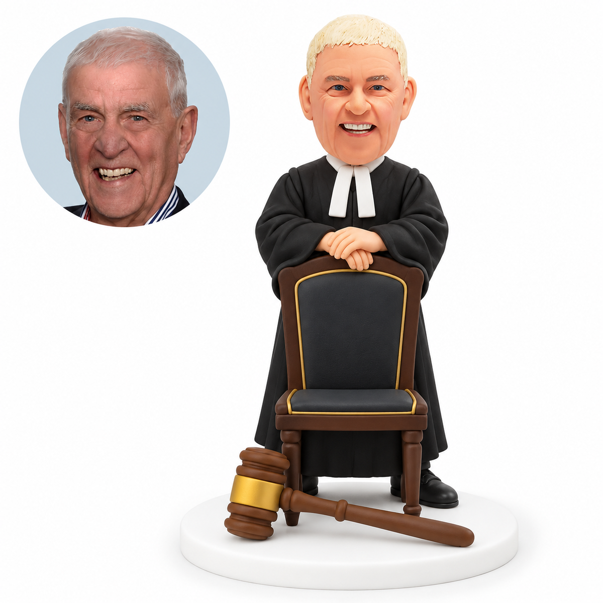custom bobblehead figure male judge behind chair with giant gavel; original Bobblefigurine polymer clay head and corresponding circular real portrait.