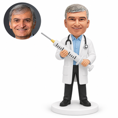 custom bobblehead figure male doctor holding giant syringe with both hands; original Bobblefigurine polymer clay head and corresponding circular real portrait.