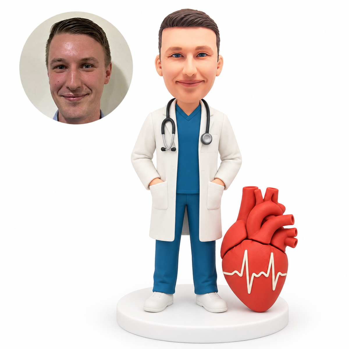 custom bobblehead figure male cardiologist with hands in pockets and giant heart model