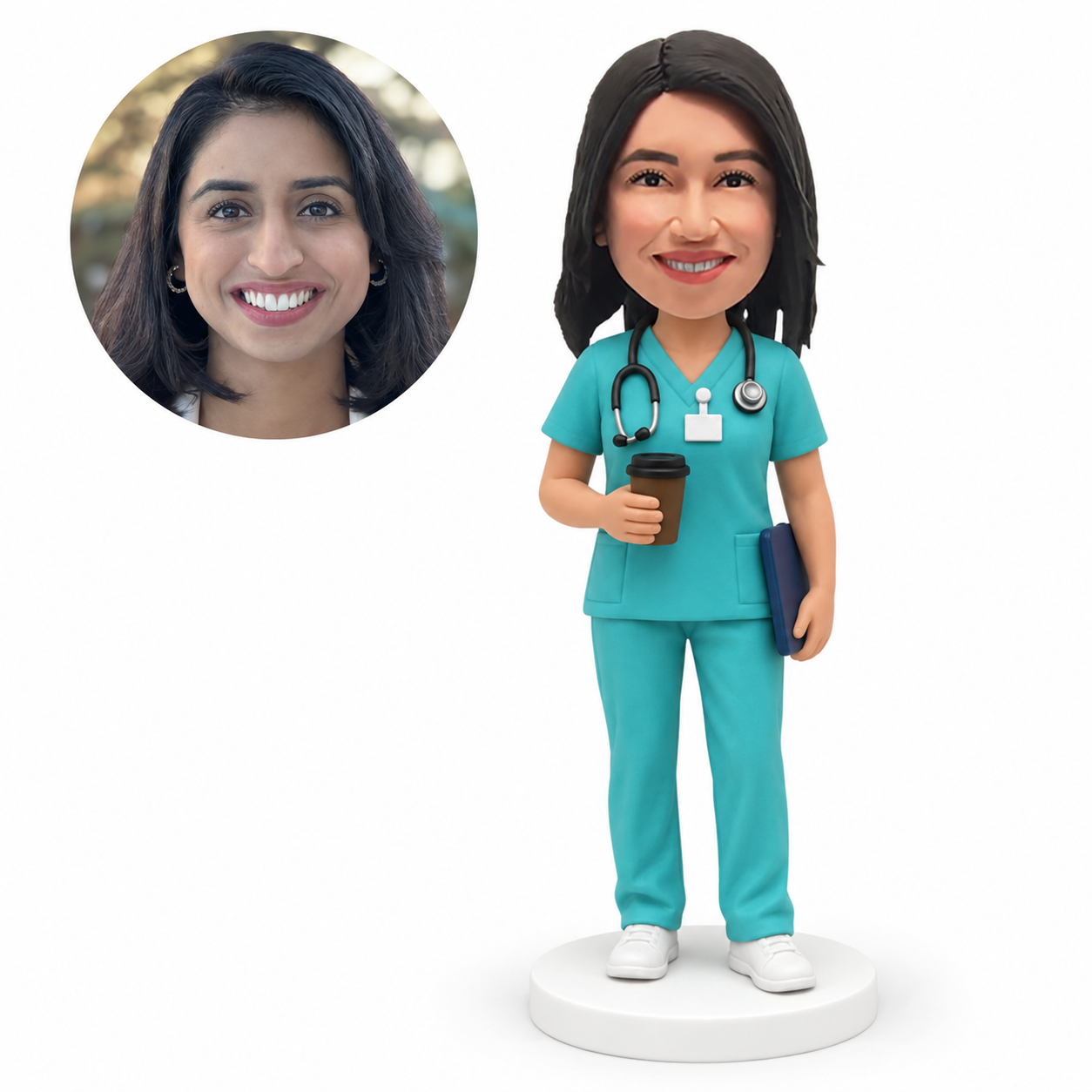 custom bobblehead figure female medical professional holding coffee and a medical record book