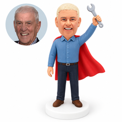 custom bobblehead figure male hero raising a wrench with the other arm down