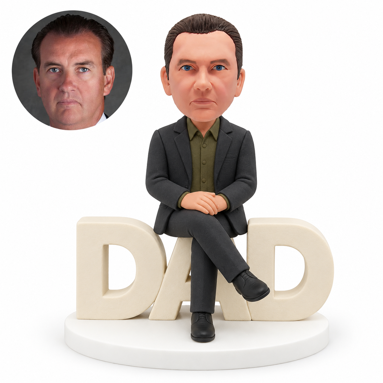 custom bobblehead figure man seated on DAD letters with hands folded on his lap