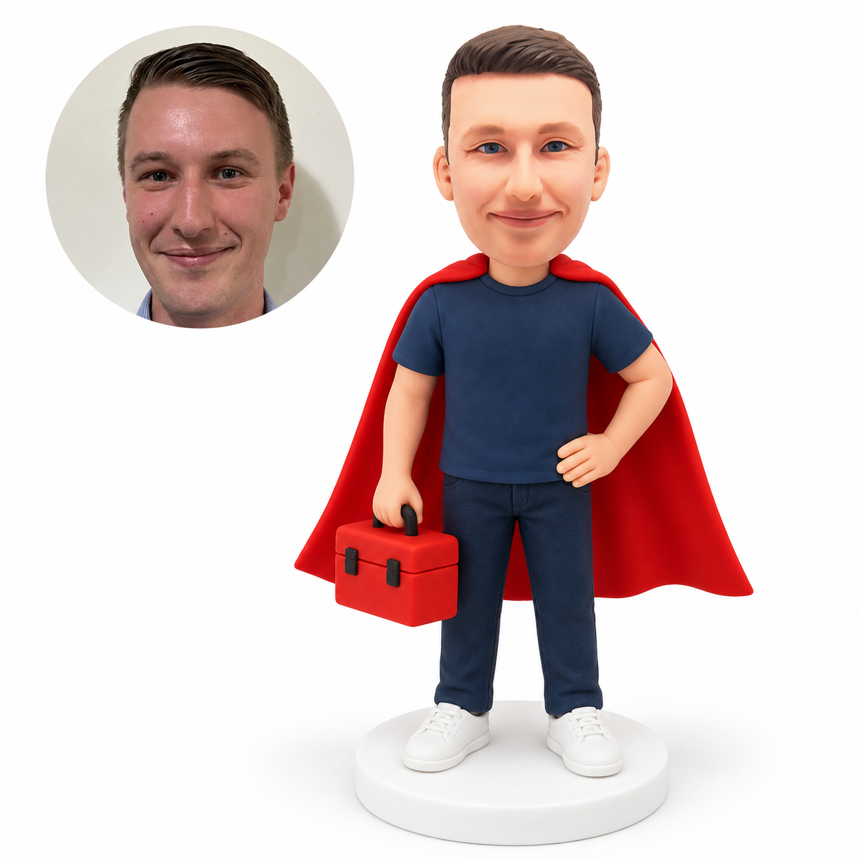 custom bobblehead figure male hero carrying a toolbox with one hand on his hip