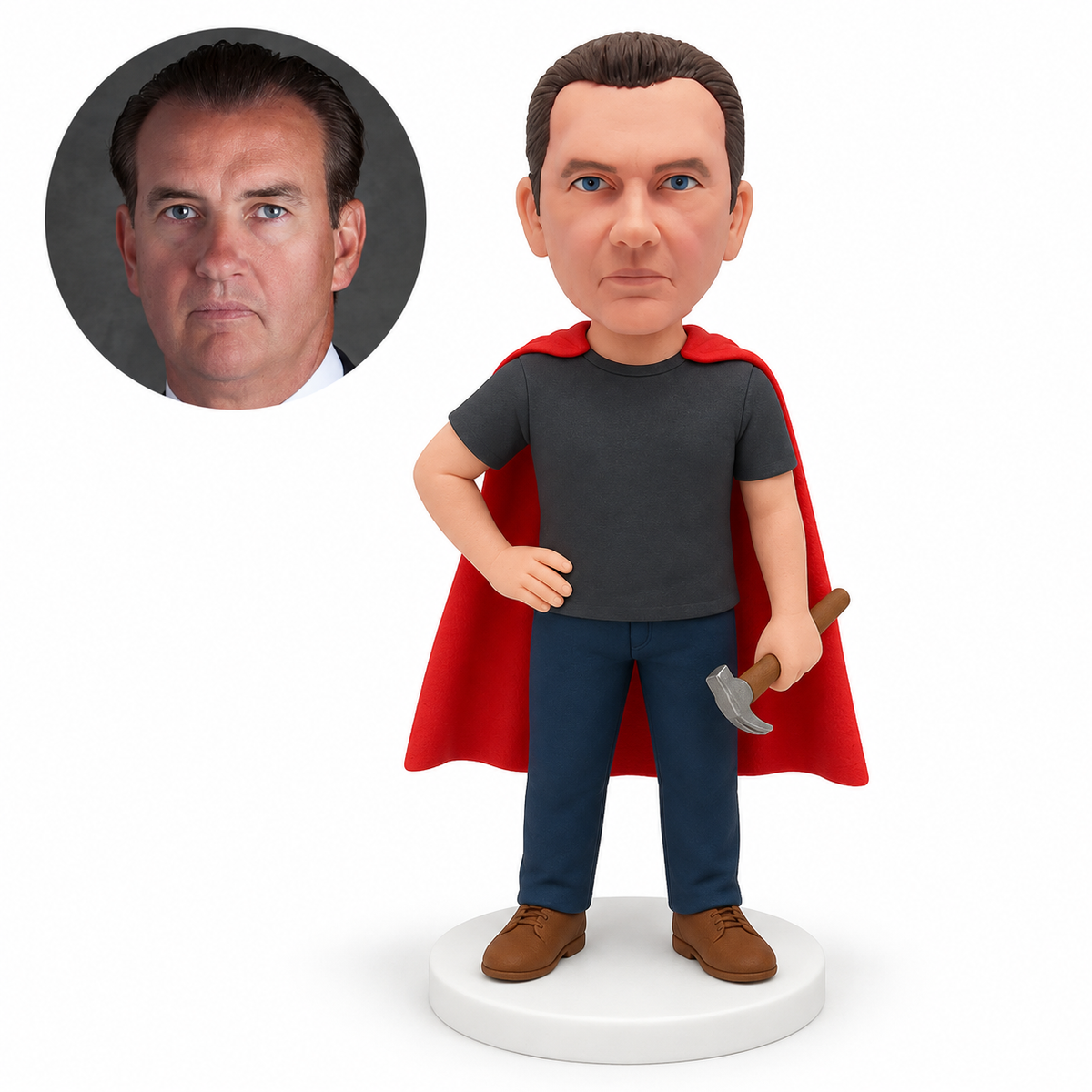 custom bobblehead figure male hero holding a hammer down with one hand on his hip
