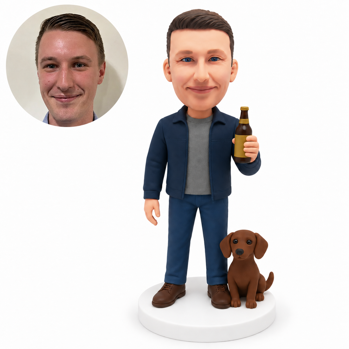 custom bobblehead figure man holding a beer bottle beside a small brown dog