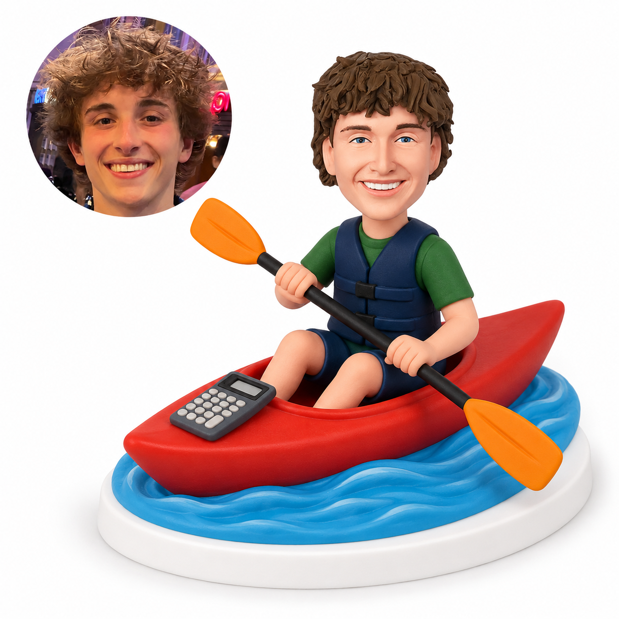 custom bobblehead figure male paddler in a red kayak with a double-bladed paddle and a deck calculator