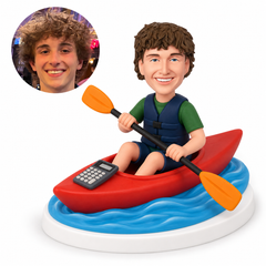 custom bobblehead figure male paddler in a red kayak with a double-bladed paddle and a deck calculator
