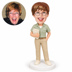custom bobblehead figure female mail carrier holding envelopes with one hand in her pocket