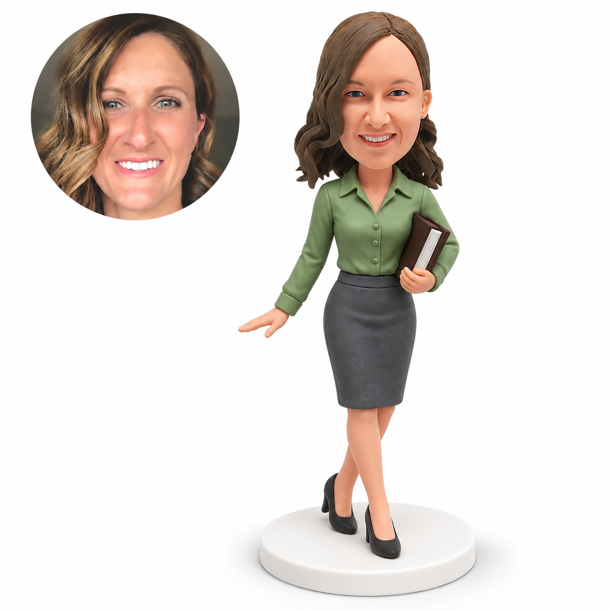 custom bobblehead figure female teacher holding a book with crossed ankles