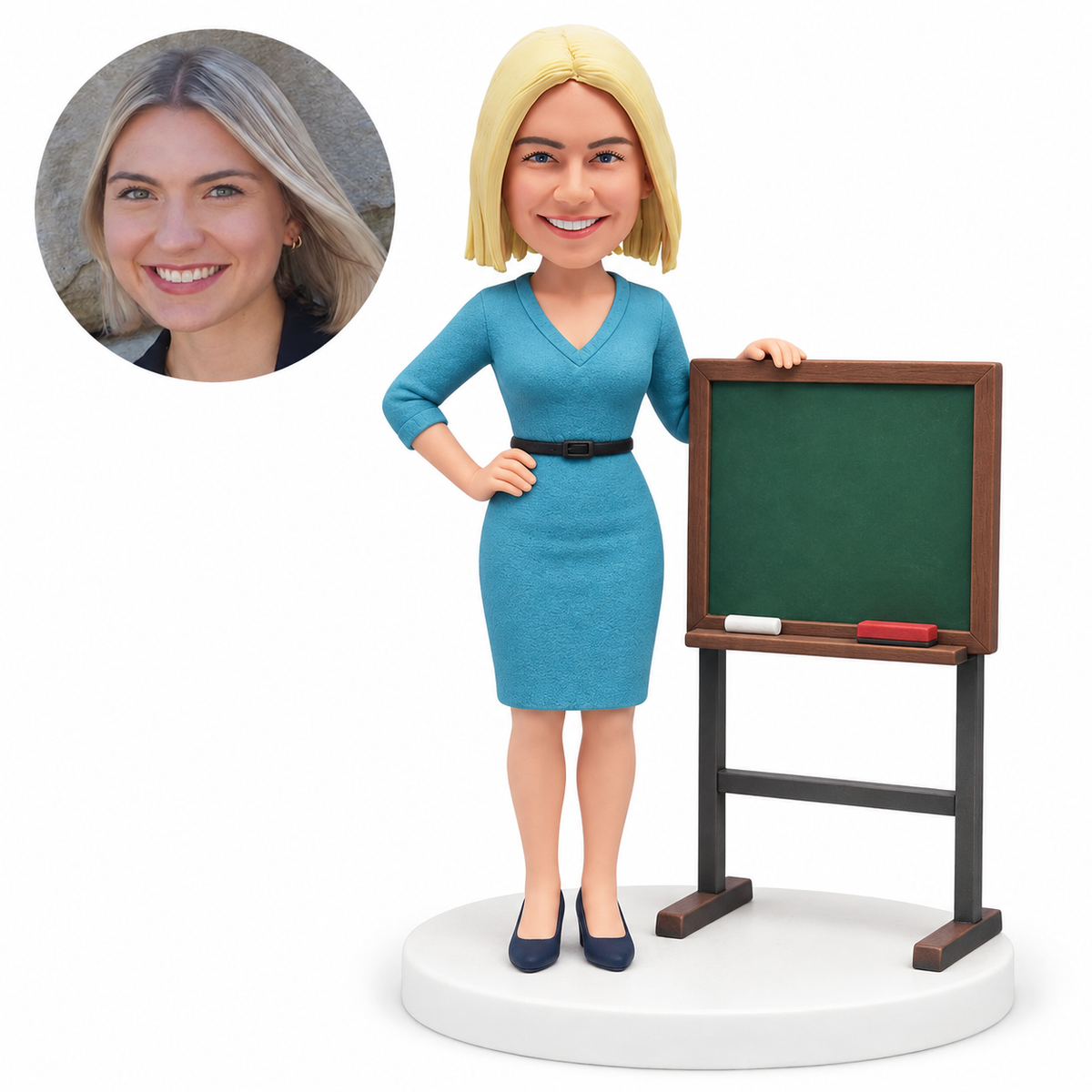 custom bobblehead figure female teacher resting a hand on a standing blackboard