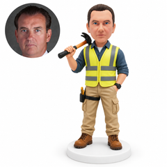 custom bobblehead figure male engineer carrying a claw hammer on his shoulder with a hand in his pocket