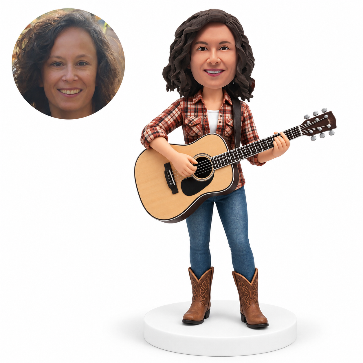 custom bobblehead figure female acoustic guitarist in a plaid shirt and cowboy boots
