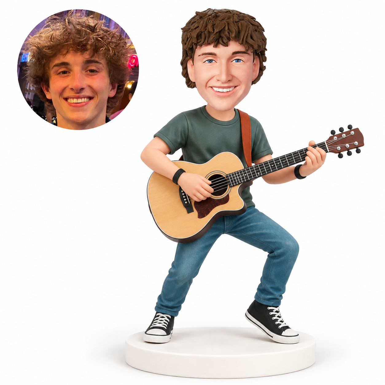 custom bobblehead figure male acoustic guitarist playing with bent knees and a wide stance