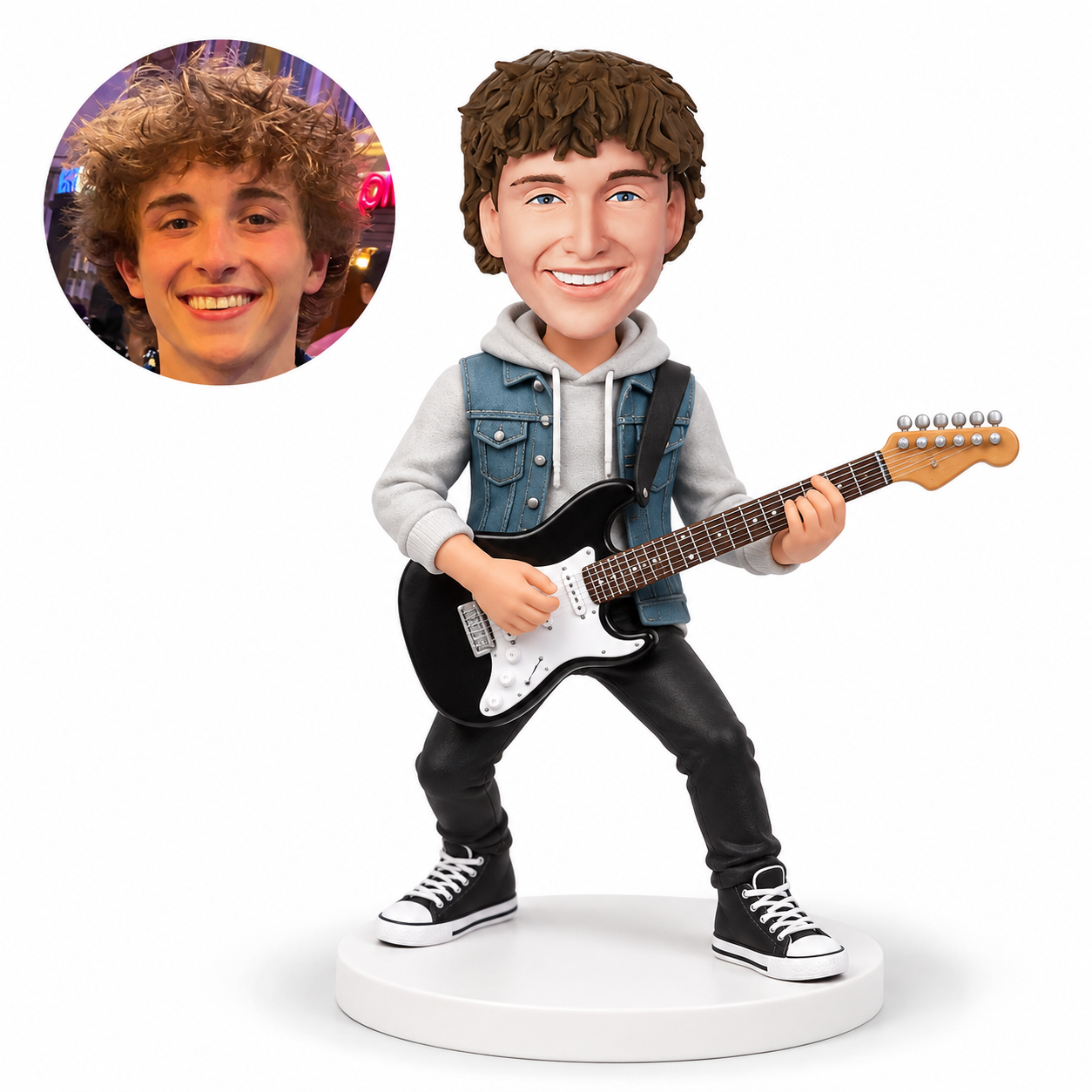 custom bobblehead figure male electric guitarist in a hoodie and denim vest