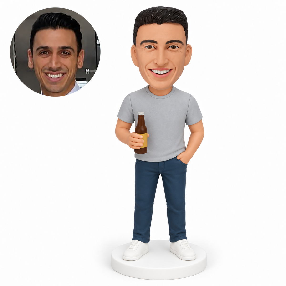 custom bobblehead figure man in a short-sleeve t-shirt and jeans holding a beer bottle with one hand in his pocket – original polymer-clay sculpture head and matching photo