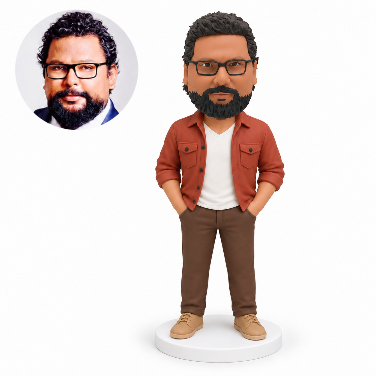 custom bobblehead figure man in an open button jacket and trousers with both hands in his pockets – original polymer-clay sculpture head and matching photo
