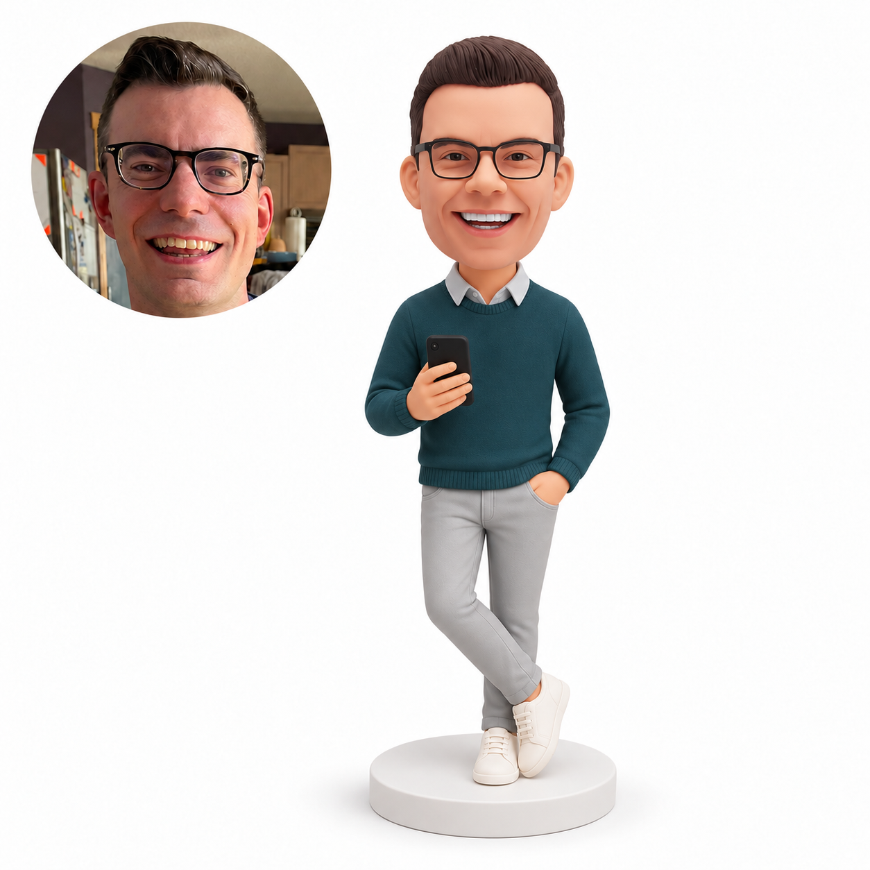 custom bobblehead figure man in a sweater over a collared shirt holding a phone with his ankles crossed – original polymer-clay sculpture head and matching photo