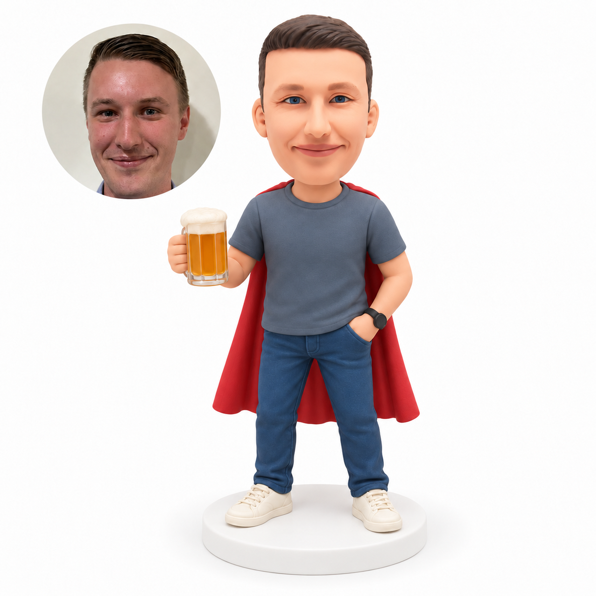 custom bobblehead figure man in a short-sleeve t-shirt and cape raising a beer mug with one hand in his pocket – original polymer-clay sculpture head and matching photo