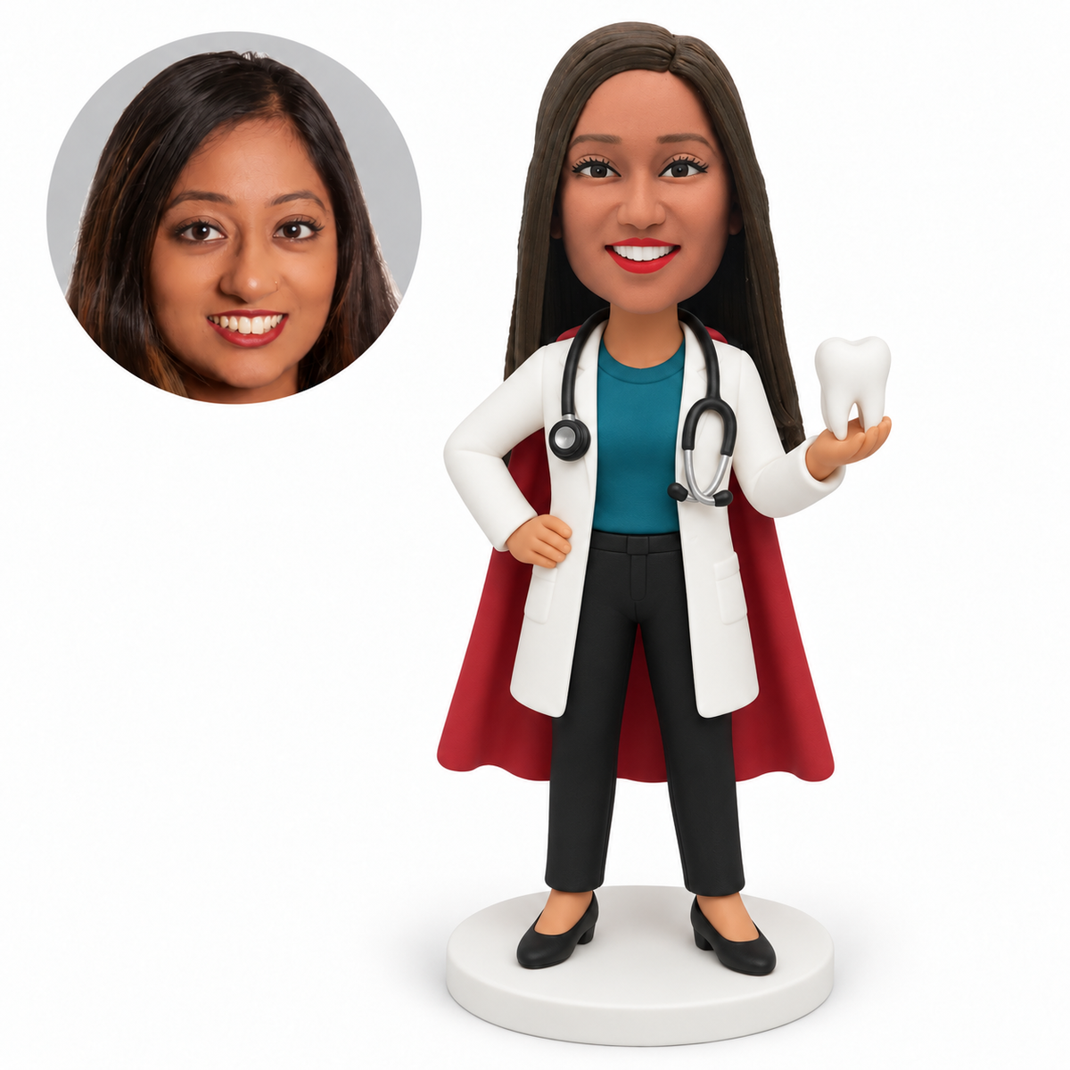 custom bobblehead figure female dentist in a white coat and cape holding a tooth model with a stethoscope