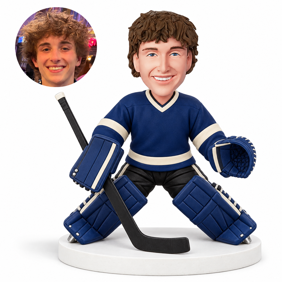 custom bobblehead figure male ice hockey goalie in a butterfly save stance with a stick and catcher glove