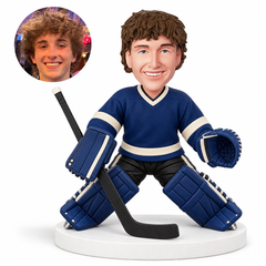 custom bobblehead figure male ice hockey goalie in a butterfly save stance with a stick and catcher glove