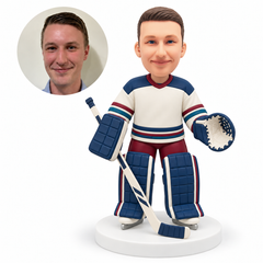 custom bobblehead figure adult male ice hockey goalie standing with a blocker, stick and outstretched catcher glove