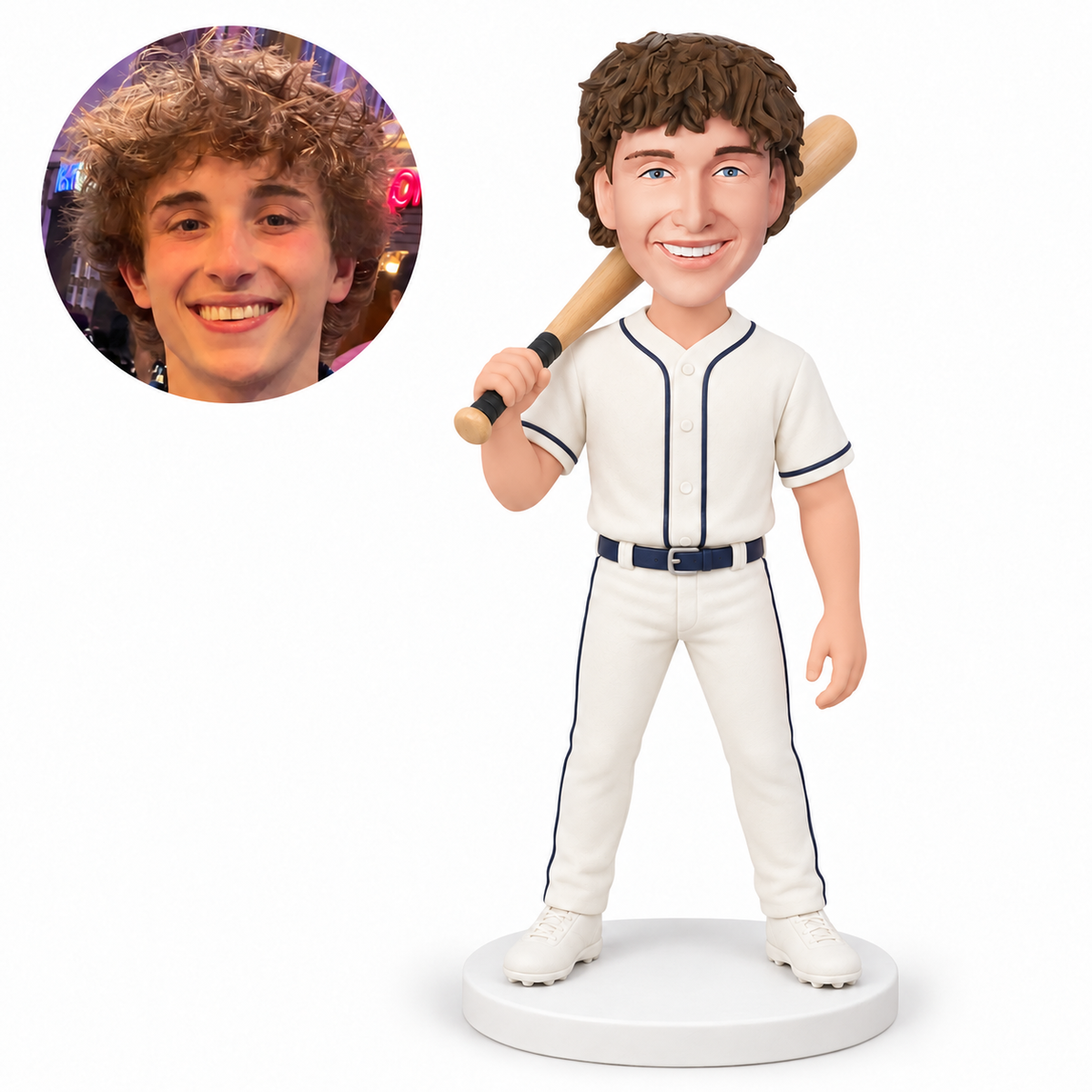 custom bobblehead figure male baseball player resting a bat over one shoulder with his other arm down