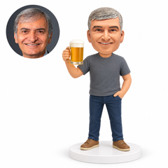 custom bobblehead figure man raising a beer mug with his other hand in his trouser pocket