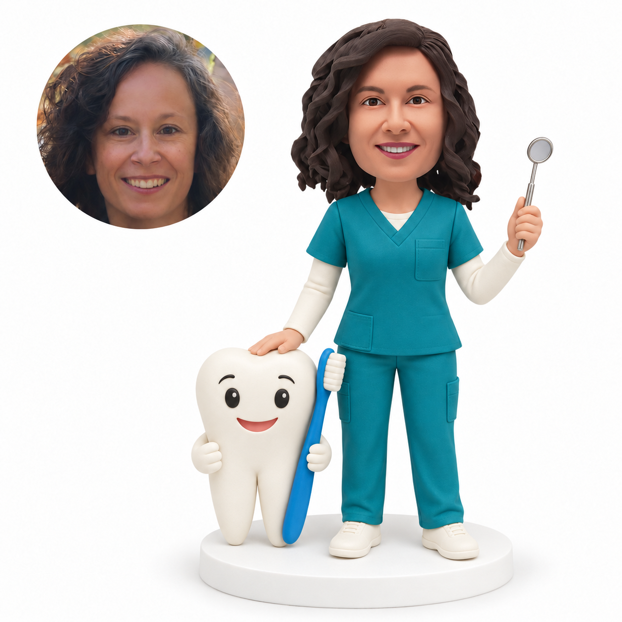 custom bobblehead figure female dentist holding a mirror beside a smiling tooth with a toothbrush