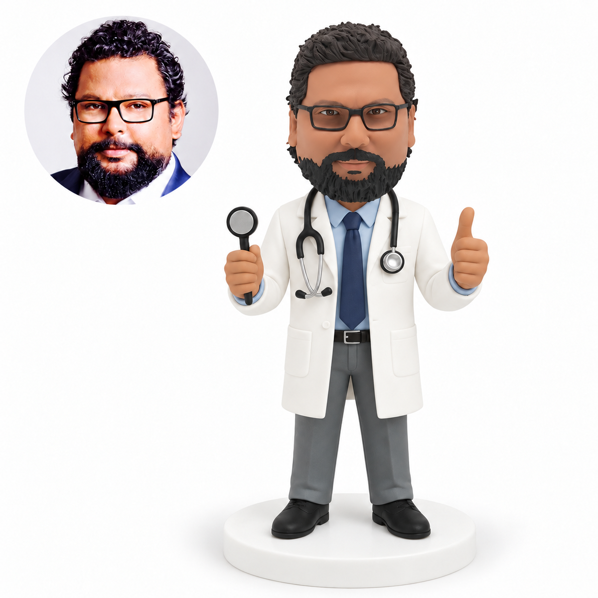 custom bobblehead figure male doctor holding a round examination instrument and giving a thumbs-up