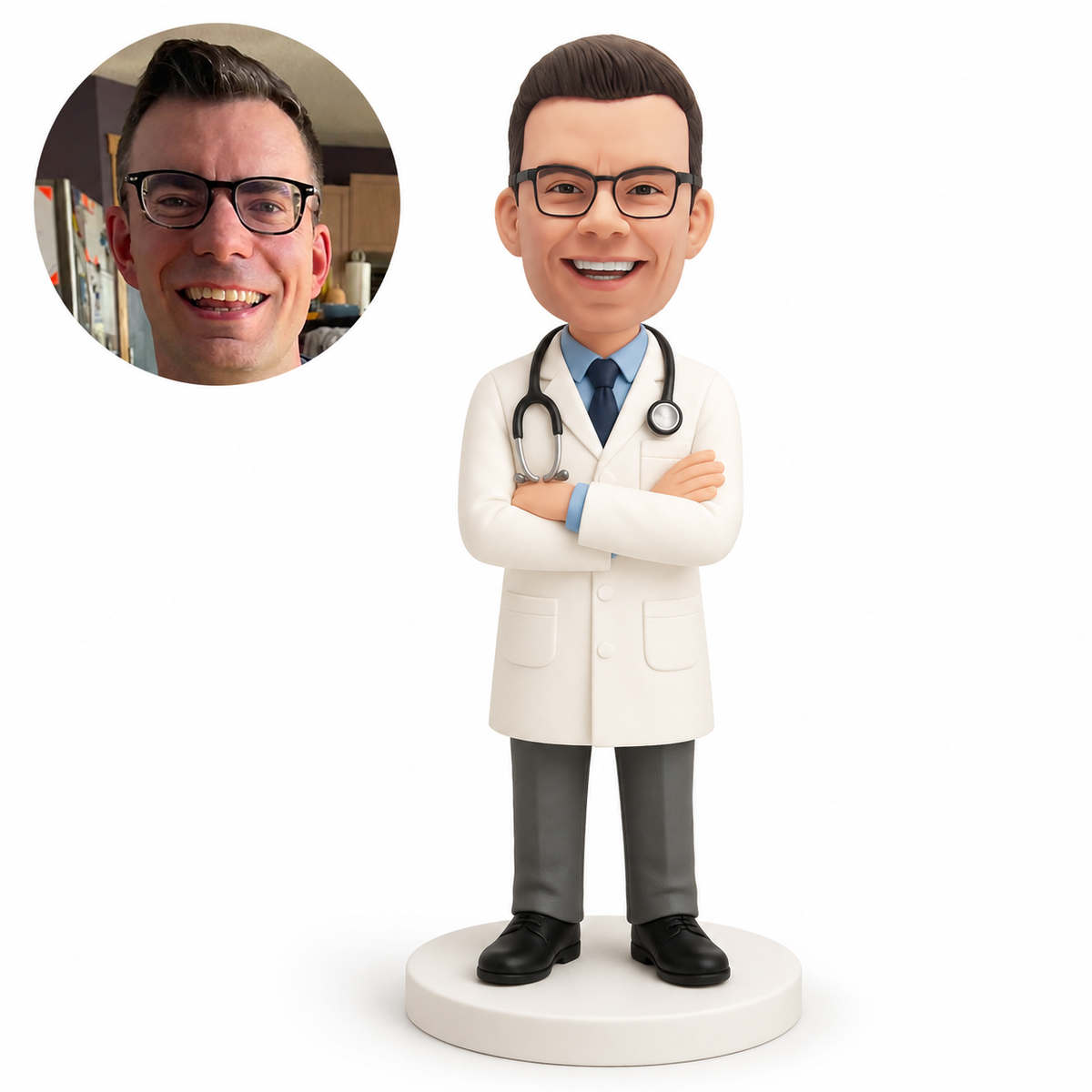 custom bobblehead figure male doctor in a long lab coat standing with folded arms