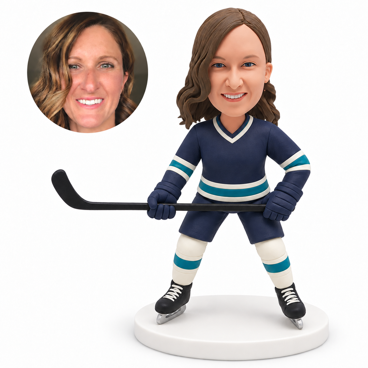 custom bobblehead figure female hockey player holding a stick horizontally across her waist