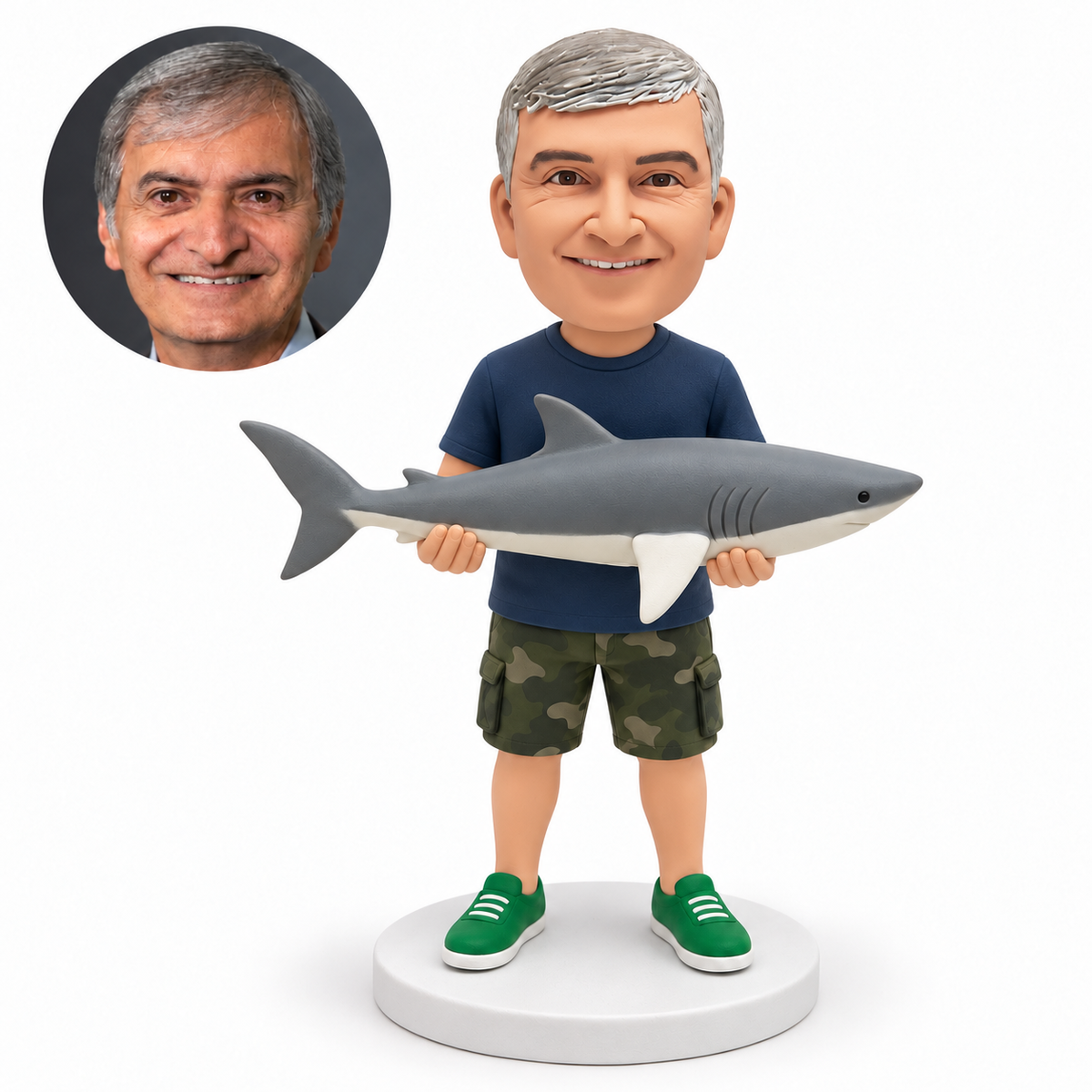 custom bobblehead figure man in shorts holding a shark across both hands