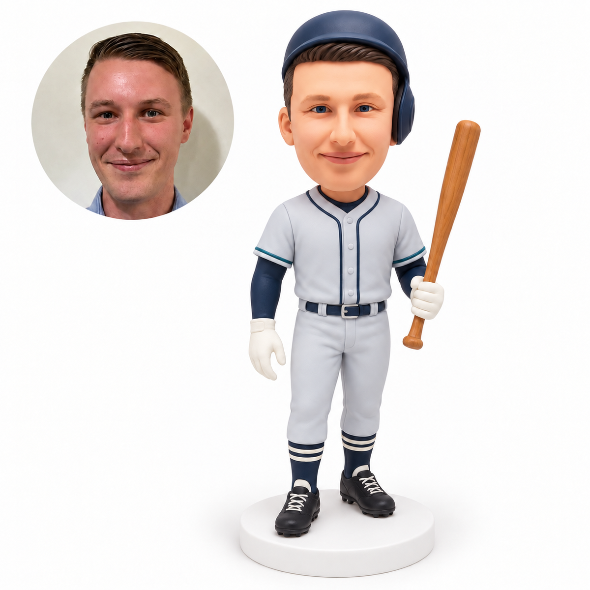 custom bobblehead figure baseball player holding an upright bat at his hip