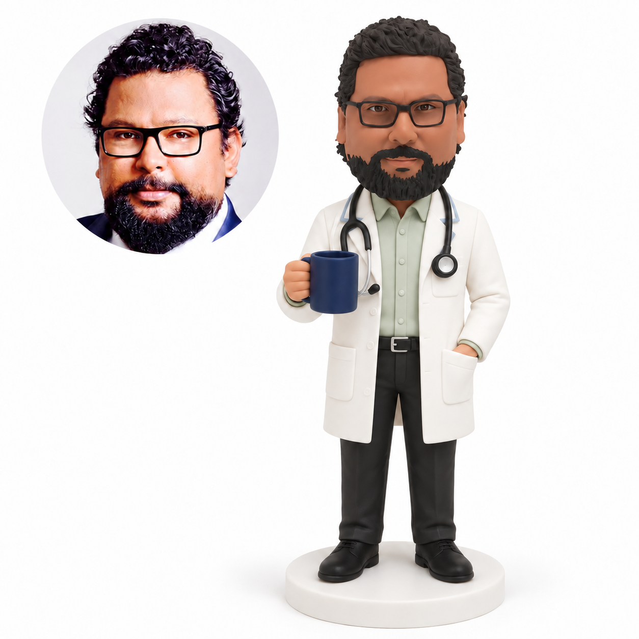 custom bobblehead figure male doctor holding a mug with one hand in his coat pocket