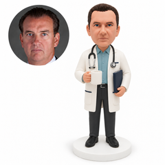 custom bobblehead figure male doctor holding a coffee mug and a medical folder