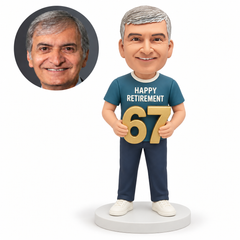 custom bobblehead figure retired man holding a large number 67 with both hands
