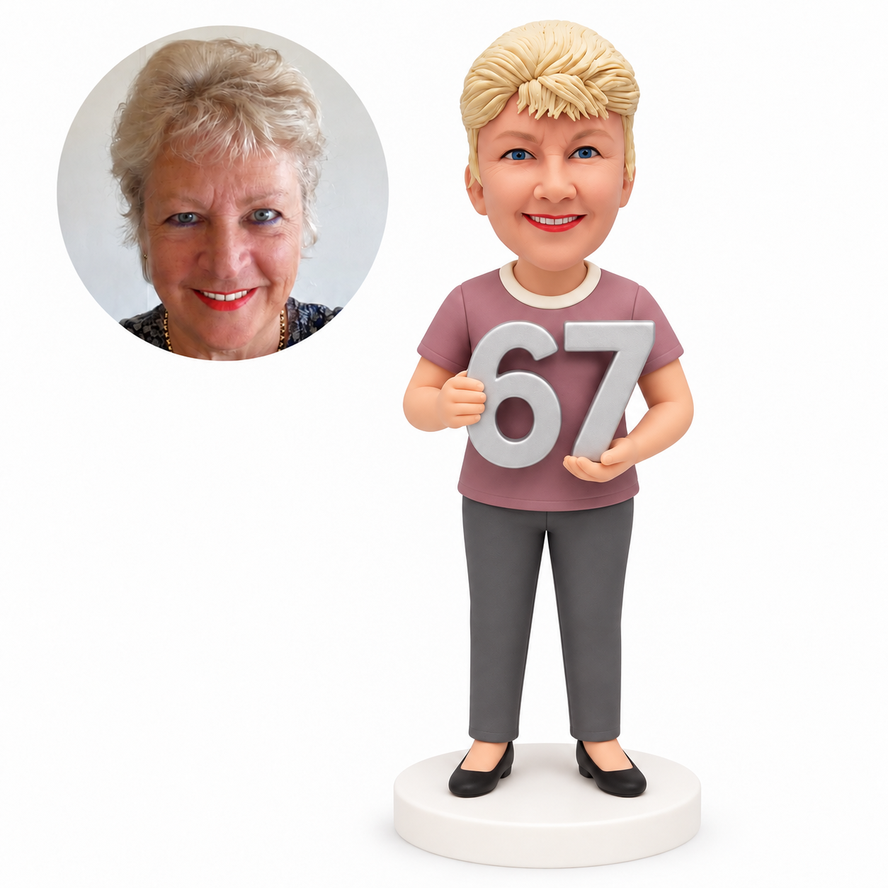 custom bobblehead figure retired woman holding a large number 67