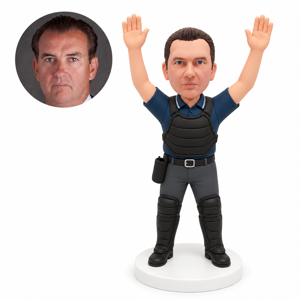 custom bobblehead figure male baseball umpire raising both hands in protective gear
