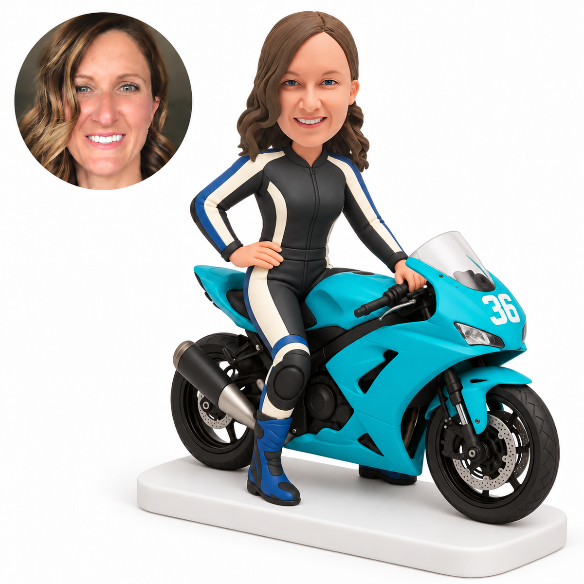 custom bobblehead figure female rider on a sport motorcycle with one hand on her hip