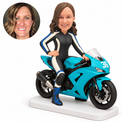 custom bobblehead figure female rider on a sport motorcycle with one hand on her hip