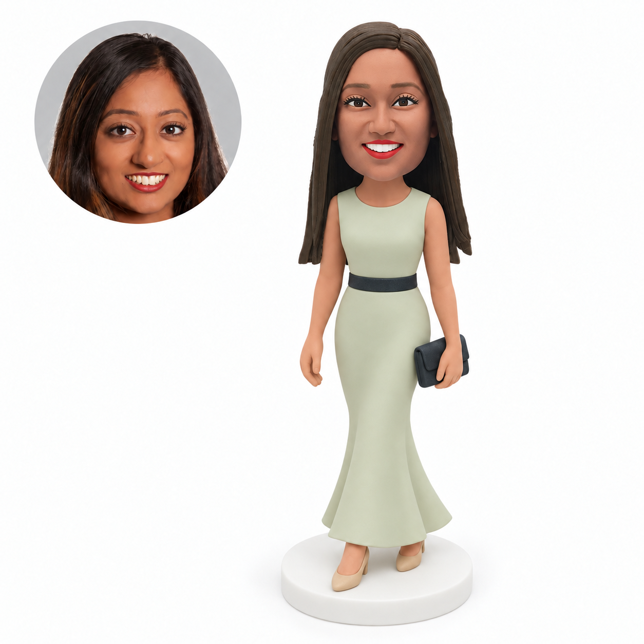 custom bobblehead figure woman in a belted mermaid gown holding a clutch at her side