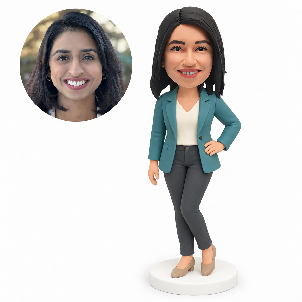 custom bobblehead figure woman in a blazer and jeans with crossed ankles and one hand on her hip